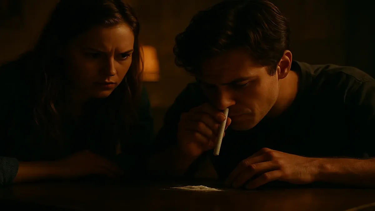 A cinematic scene of two friends planning a prank on an internet creep with baking soda.