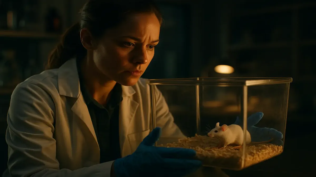 Kevina, a cancer researcher, observes lab mice in a cinematic biology lab setting.