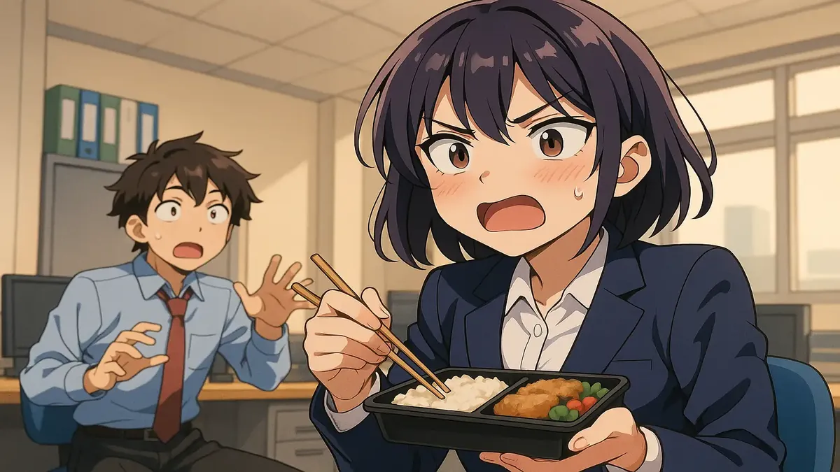 Anime illustration of a surprised office worker discovering their lunch has been taken by a colleague.