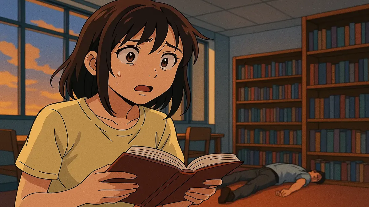 A dramatic anime scene depicting a witness reflecting on a tragic event, capturing emotions of shock and disbelief.