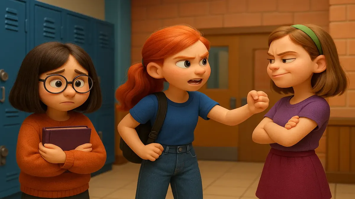 Cartoon 3D illustration of a high school scene showing a girl standing up for her friend being bullied.