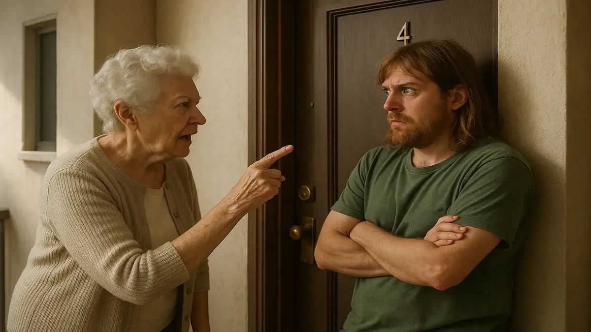 Neighbors arguing in an apartment complex, showcasing tension and personality differences in urban living.