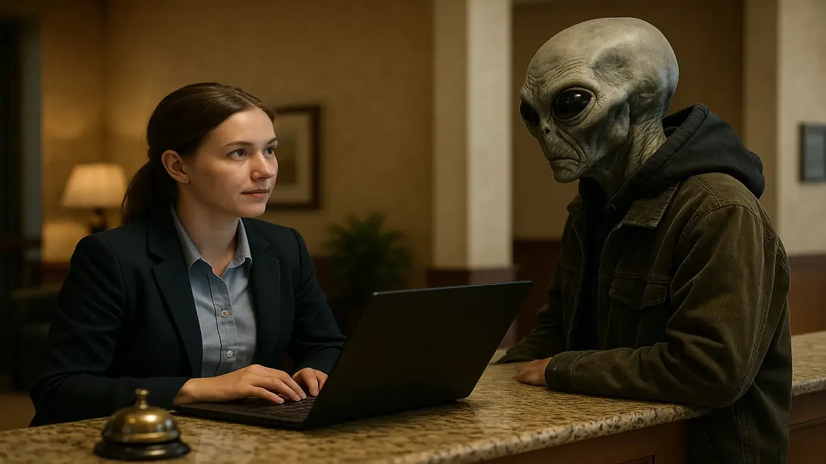 Two office workers chatting while waiting by a desk, with a train stuck outside, capturing a moment of unexpected delay.