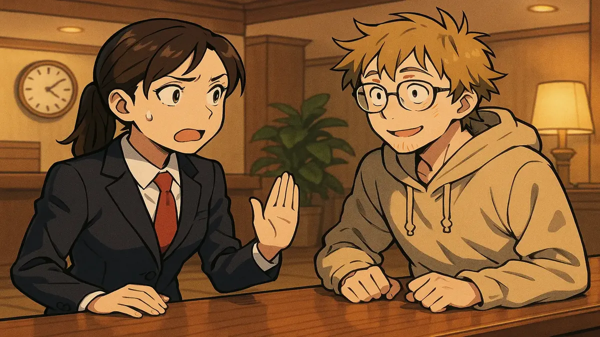 Anime illustration of a hotel lobby at night with a surprised staff member and a quirky guest request.