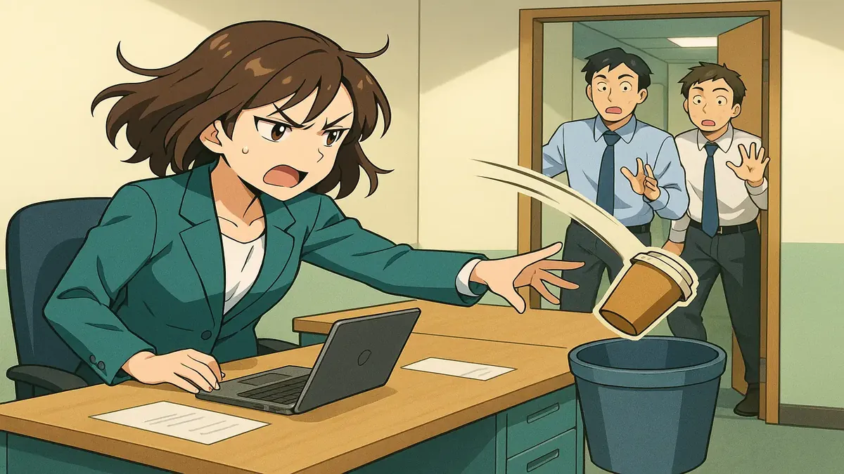 Anime illustration of a frustrated office worker with a cluttered desk and coworkers leaving trash.