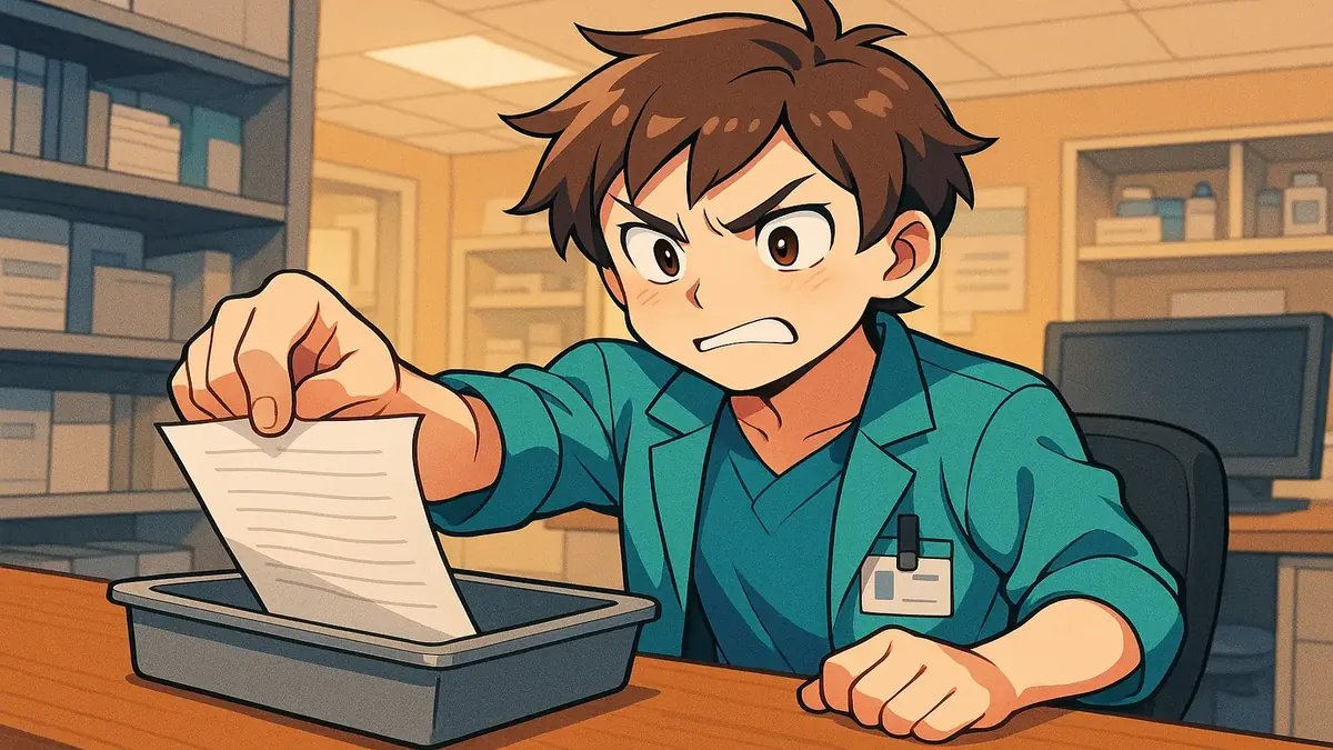 Anime-style illustration of a pharmacy drive-thru with a frustrated worker and slow-moving ticket system.