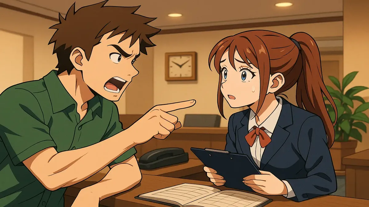 Anime illustration of a confused man trying to confirm a reservation with a receptionist, representing miscommunication.
