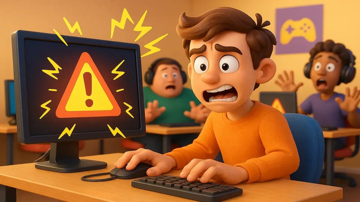 Cartoon-3D illustration of a chaotic gaming facility network crash caused by a single command.