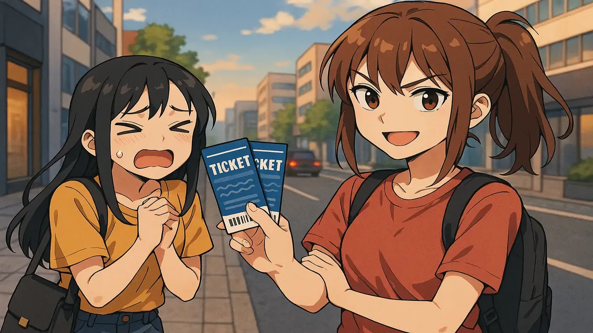 Anime illustration of a concert ticket with a vibrant background, capturing excitement and anticipation for an event.