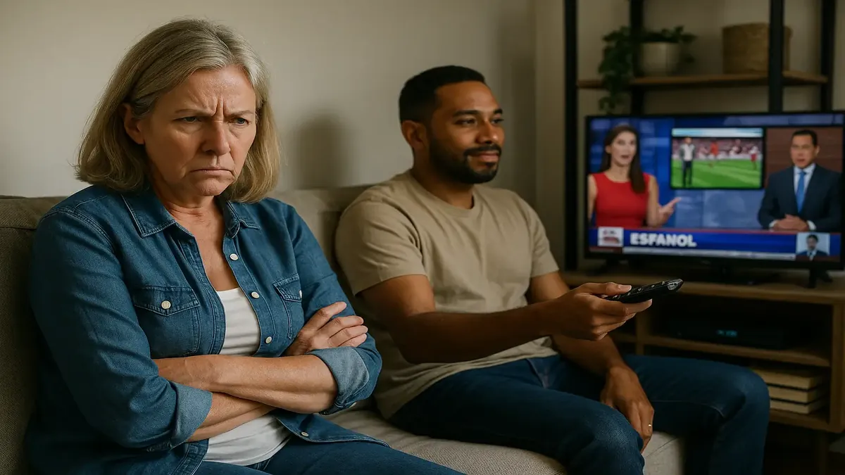 Disappointed woman viewing cable channels, highlighting diverse programming options in America.