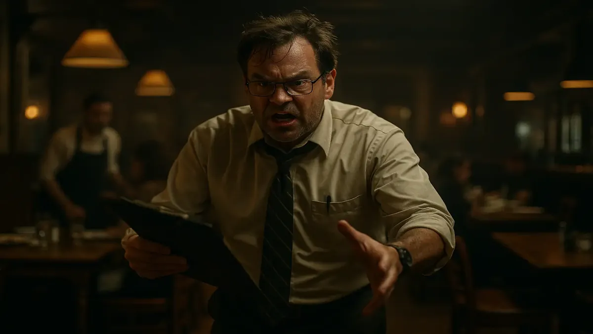 A busy restaurant scene featuring frantic staff and customers, capturing the chaos of a manager's day.