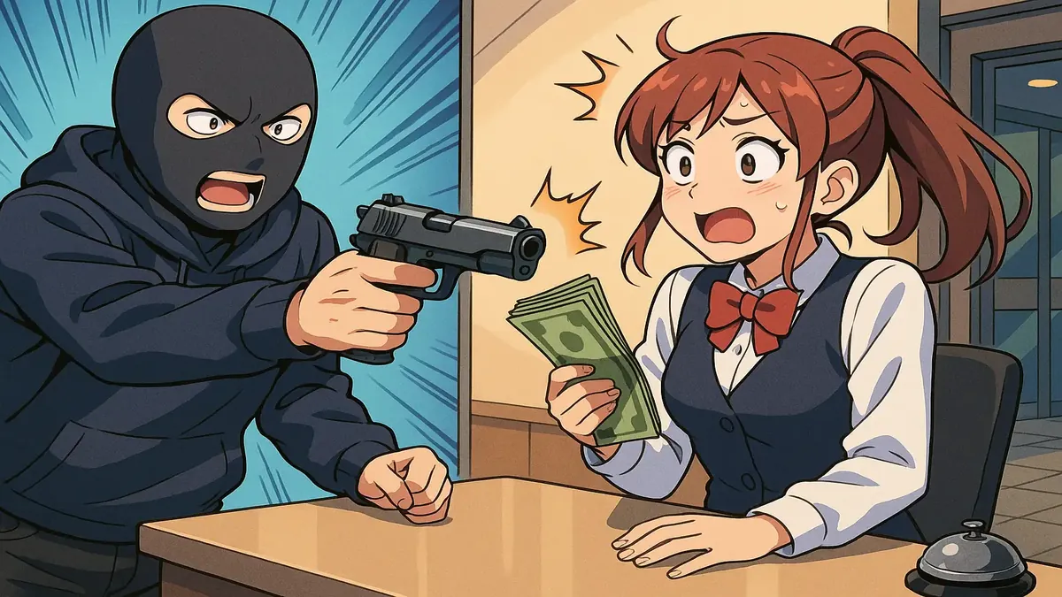Anime-style illustration of a hotel lobby during a late-night robbery attempt with suspenseful elements.