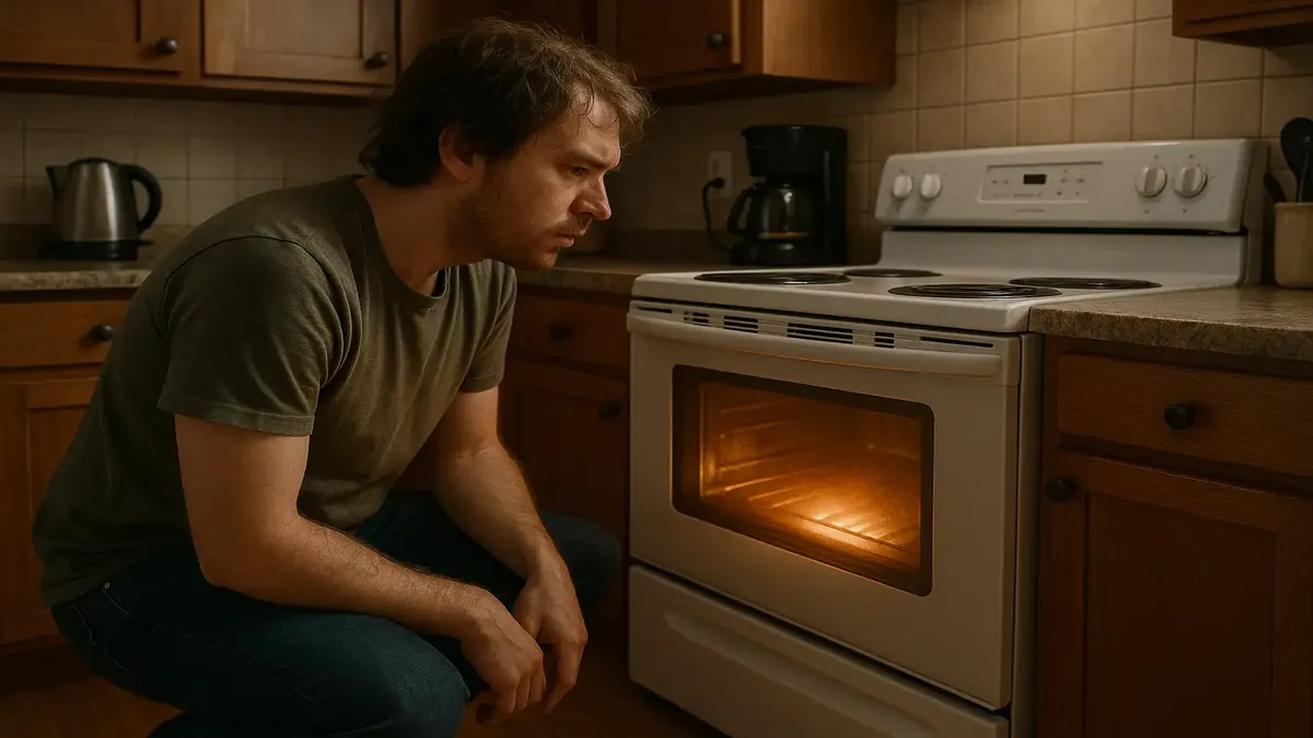 Roommate Kevin preheating the oven for hours, surrounded by kitchen chaos and confusion.