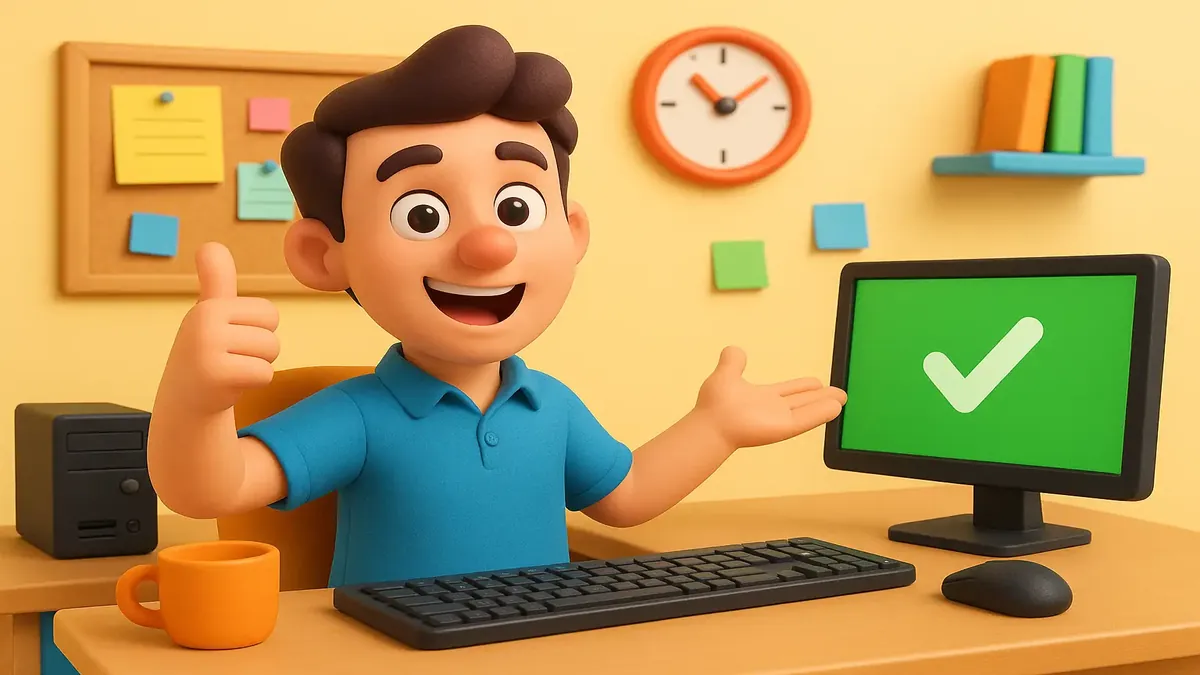 Cartoon 3D illustration of a tech support worker happily solving problems at their desk, reflecting job satisfaction.