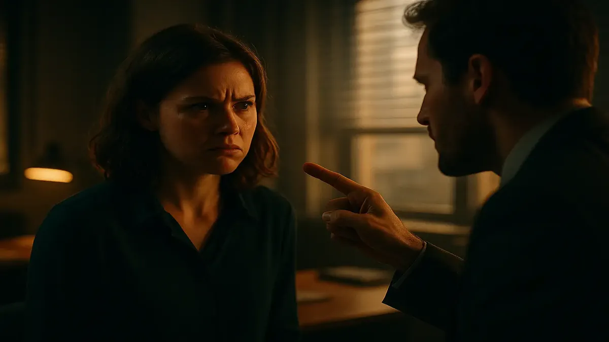 Cinematic depiction of accountability in a small office setting with an uncomfortable atmosphere.