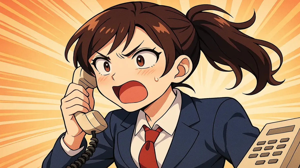 Anime-style illustration of a frustrated hotel manager dealing with a no-show reservation issue.