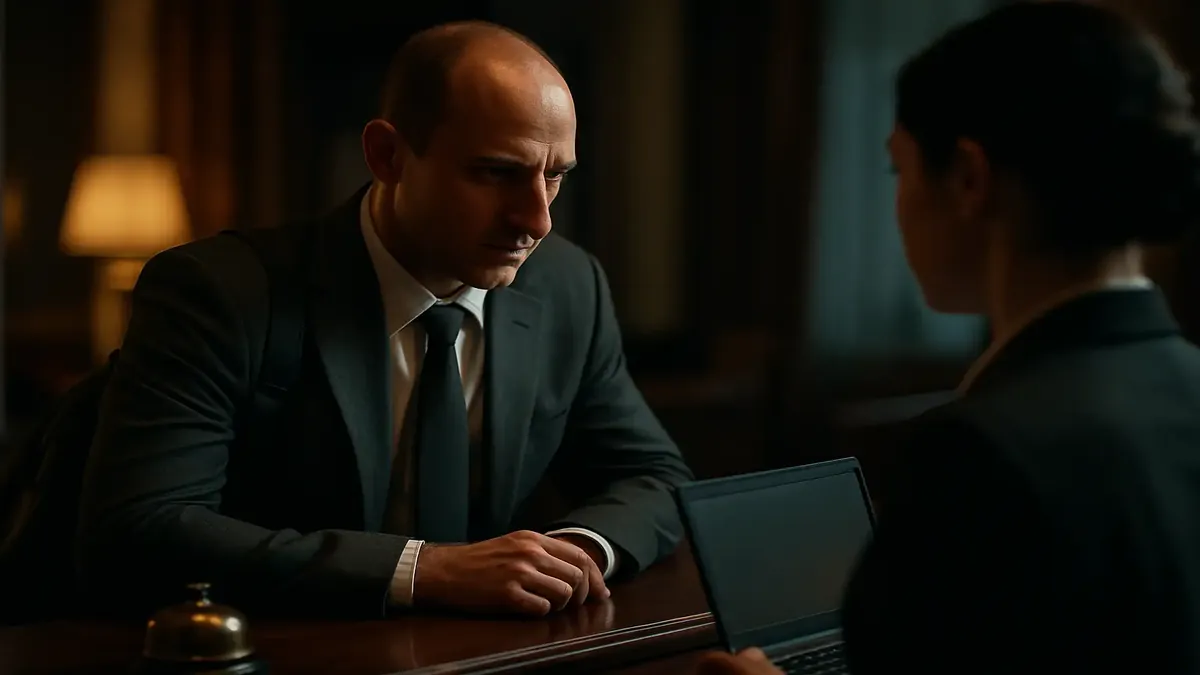 एक होटल लॉबी का सिनेमाई दृश्य, जहां एक चमकदार मेहमान सुबह 10 बजे चेक-इन कर रहा है, तनाव का एक पल पकड़ते हुए।