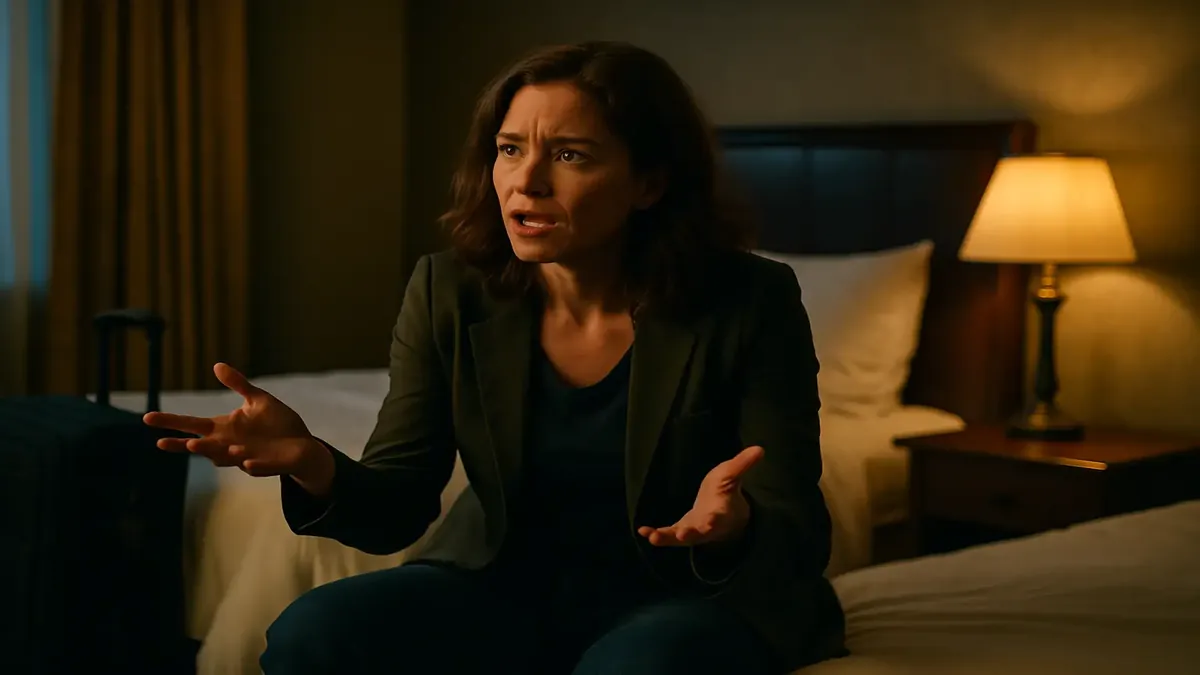 खूबसूरत बिस्तर के साथ होटल के कमरे का सिनेमाई दृश्य और खिड़की के बाहर अद्भुत शहर का नजारा।