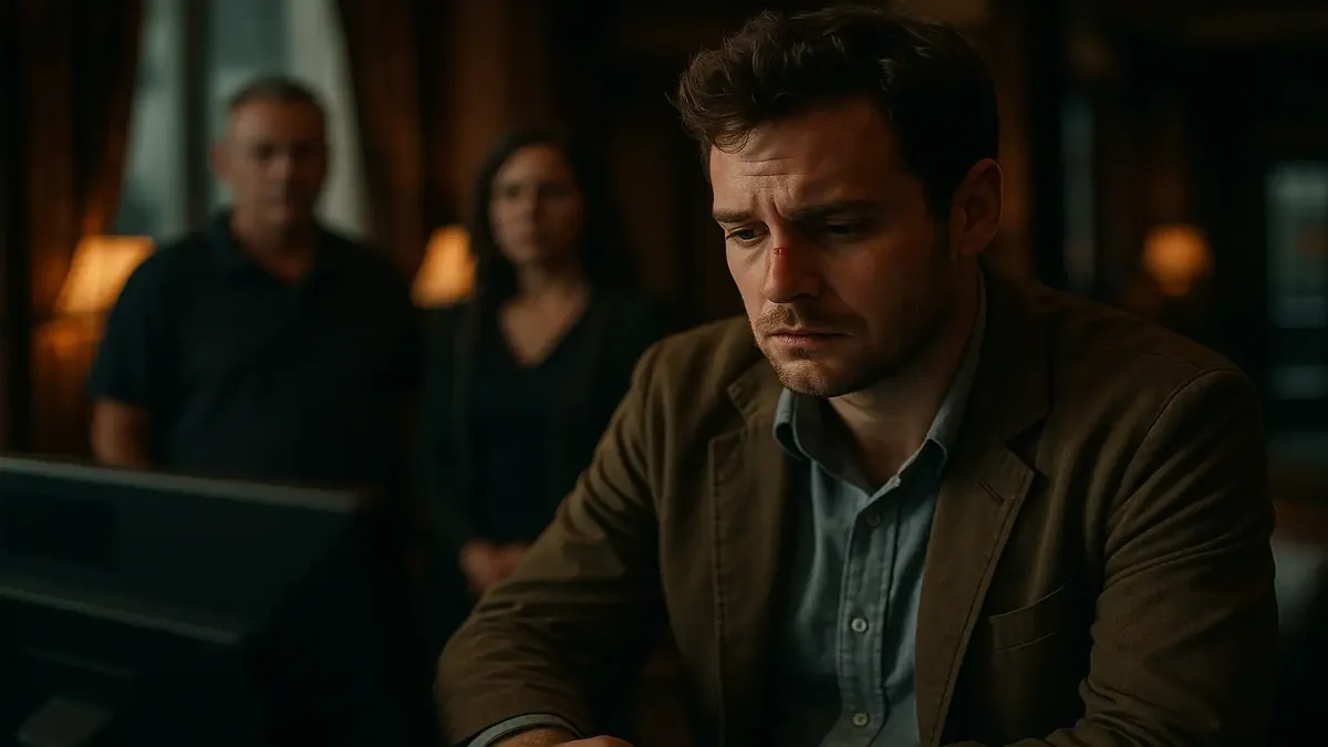 एक तनावग्रस्त होटल रिसेप्शनिस्ट का फिल्मी शॉट, जो कठिन मेहमानों का सामना कर रहा है।