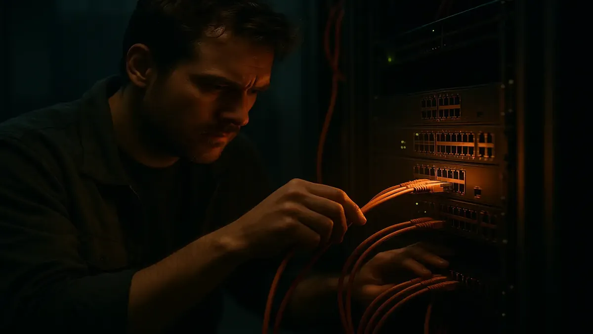 तकनीकी रिबूट पर ब्लॉग के लिए उपकरण का विश्लेषण करते इंजीनियरों का नेटवर्क समस्या निवारण दृश्य।