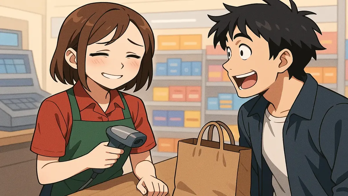 एक एनीमे चित्रण जिसमें एक खुदरा कर्मचारी ग्राहक को अजीब तरीके से मुस्कुराते हुए दिखाया गया है, 'खुदरा हंसी' पल को दर्शाता है।