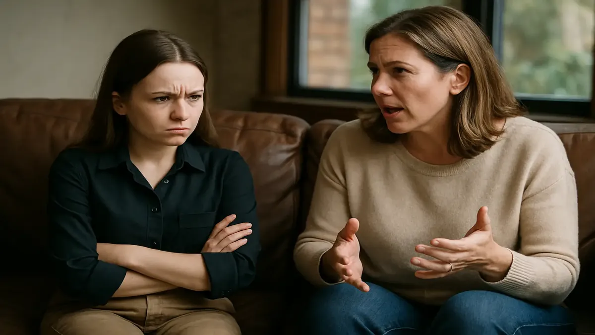 एक पेशेवर माहौल में एक महिला, आत्मविश्वास से अपनी नौकरी के अनुभव पर चर्चा कर रही है।