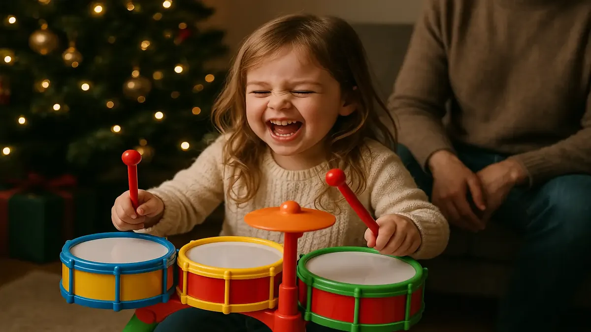 त्योहारों की सजावट से घिरा एक रंग-बिरंगा, शोर मचाने वाला खिलौना।