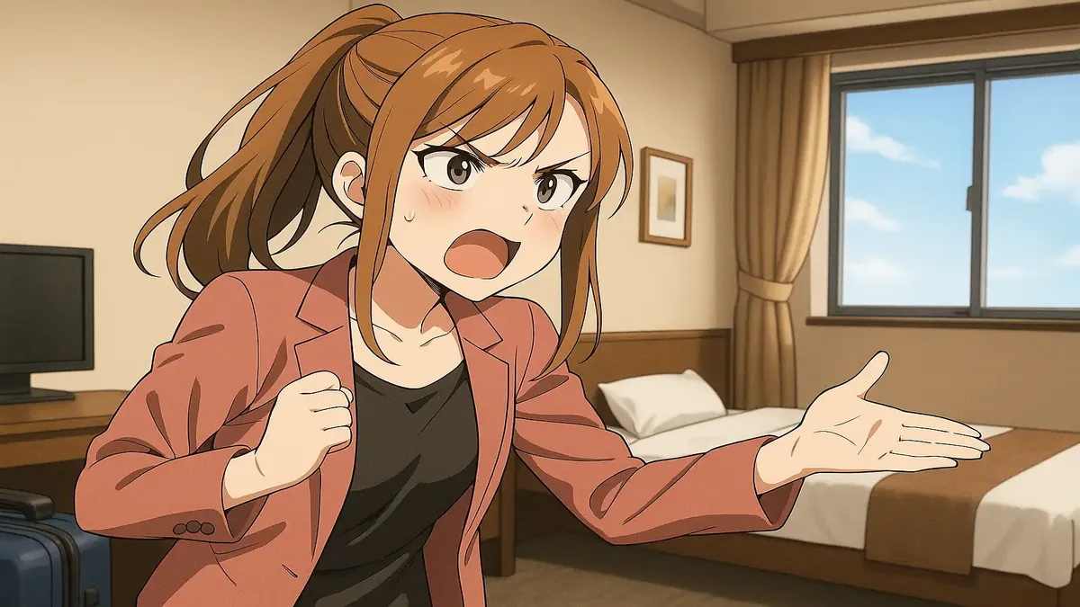 होटल बुकिंग गलतियों से निराश यात्रियों का एनीमे चित्रण, संपत्ति की जानकारी की जांच पर जोर देता है।