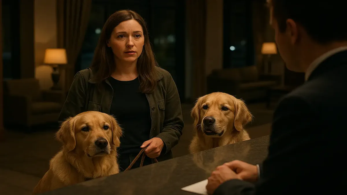 होटल के रिसेप्शनिस्ट और दो कुत्तों के साथ महिला के साथ रात का ऑडिट दृश्य, भावनात्मक समर्थन जानवरों को उजागर करता है।