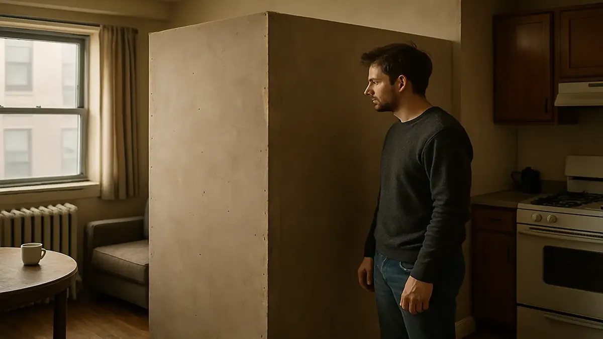 एक संकुचित अपार्टमेंट का अंदरूनी दृश्य, जिसमें अव्यवस्था और सीमित स्थान को दर्शाया गया है।