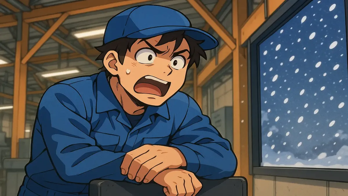 बर्फीले कारखाने का दृश्य दर्शाते हुए एनीमे चित्रण, सर्दी के तूफान के दौरान तनावपूर्ण माहौल को कैद करता है।