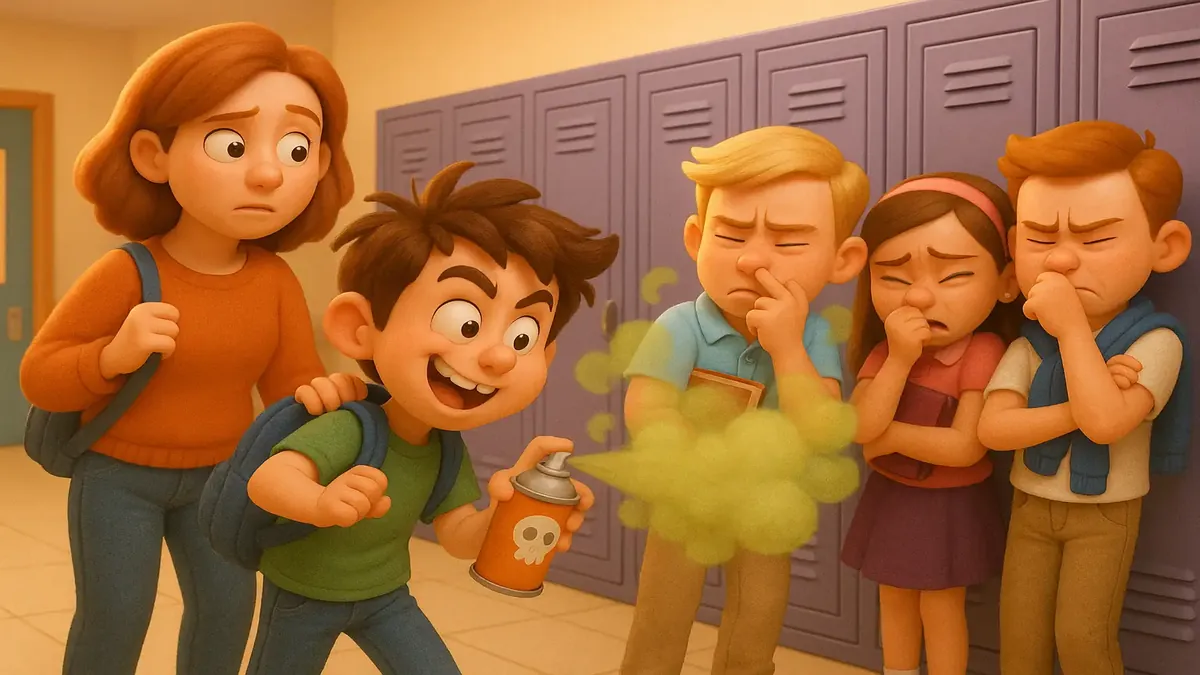 हाई स्कूल लॉकर पर फार्ट स्प्रे का कार्टून 3D चित्र, विद्रोही डिटेंशन अनुभव का प्रतीक।