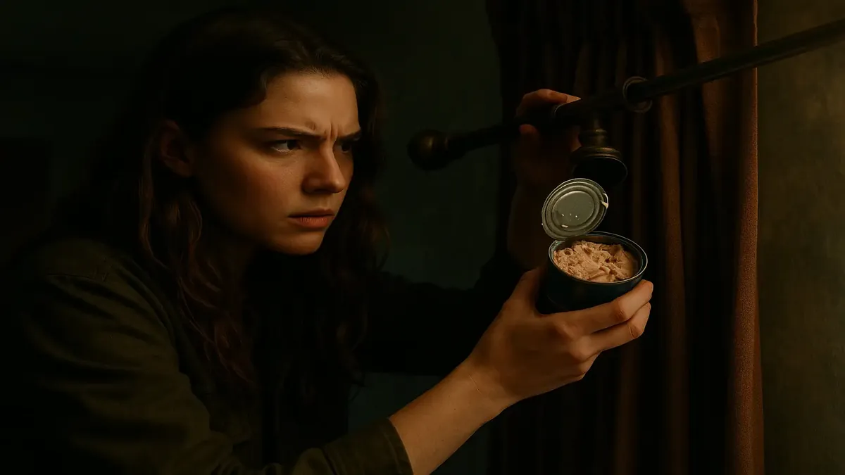 एक मजेदार दृश्य जिसमें ट्यूना मछली एक पर्दे के डंडे में छिपी हुई है, एक जश्न मनाते घर पार्टी में।