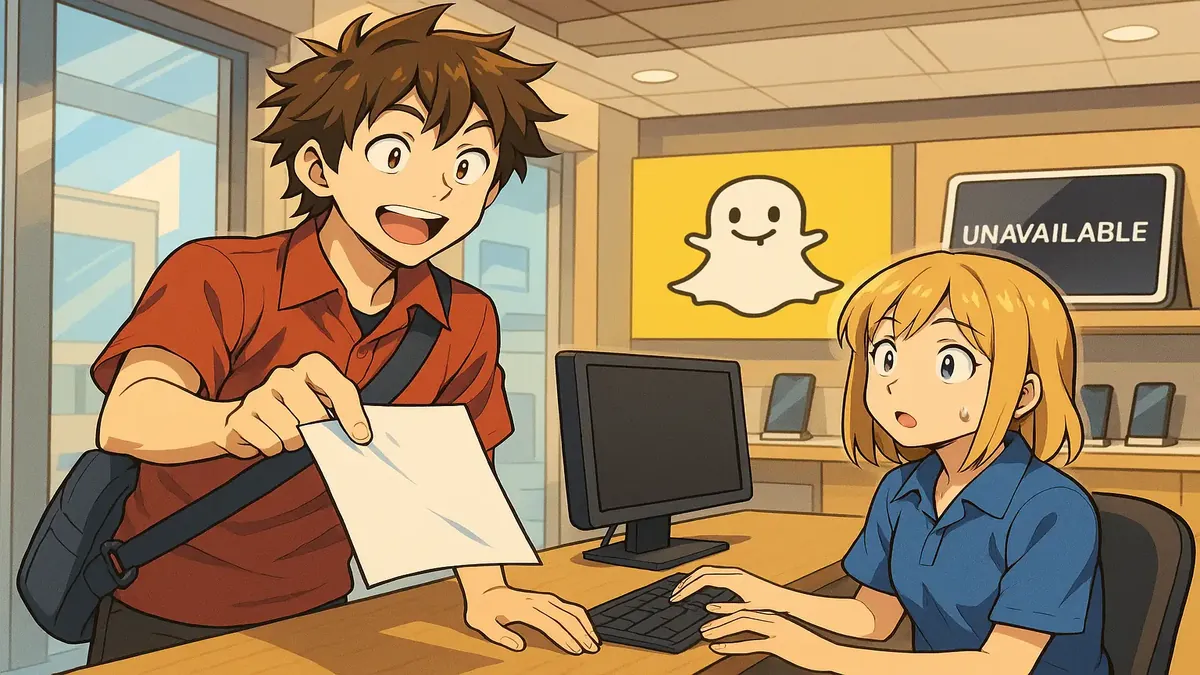 इलेक्ट्रॉनिक्स और स्नैपचैट लोगो के बीच खुद को रिटेल जीवन से आज़ाद करते हुए एक व्यक्ति की एनीमे-शैली की चित्रण।