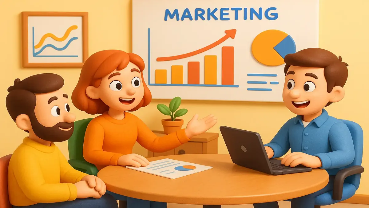 एक कार्टून-3डी चित्र जिसमें एक मार्केटिंग टीम ग्राहकों के साथ सहयोग करते हुए एक जीवंत कार्यालय में दिख रही है।