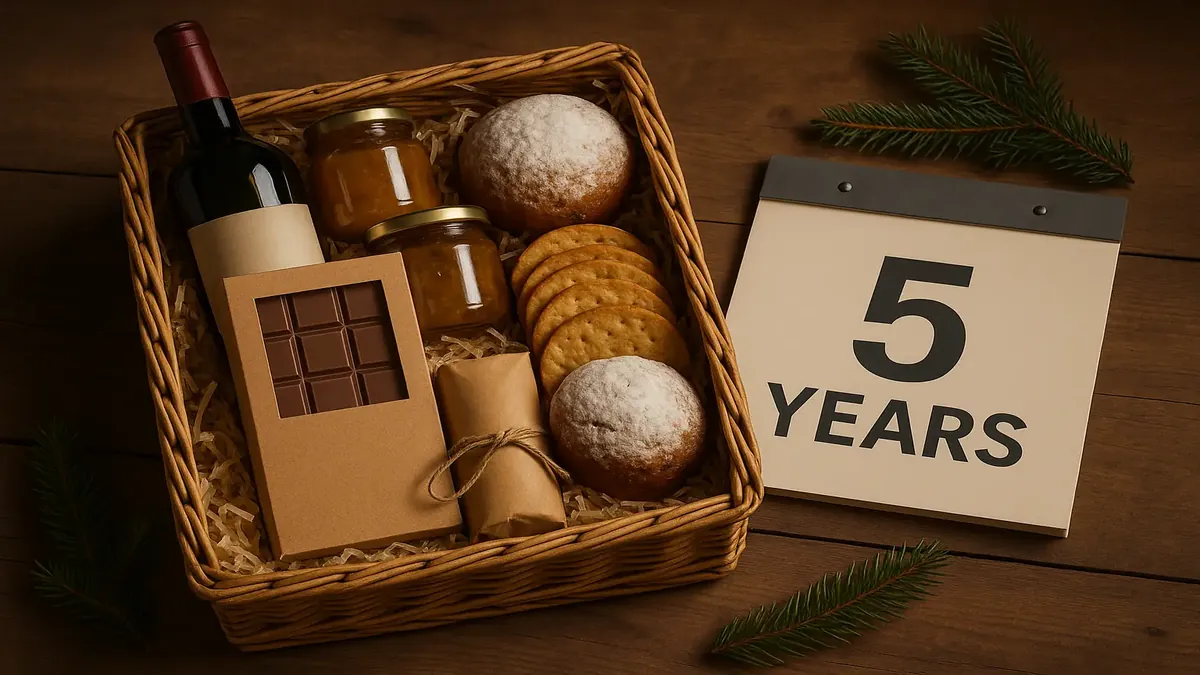 पांच साल काम करने के बाद एक कर्मचारी क्रिसमस हैम्पर प्राप्त करते हुए, कंपनी की परंपराओं और पुरस्कारों पर विचार करते हुए।