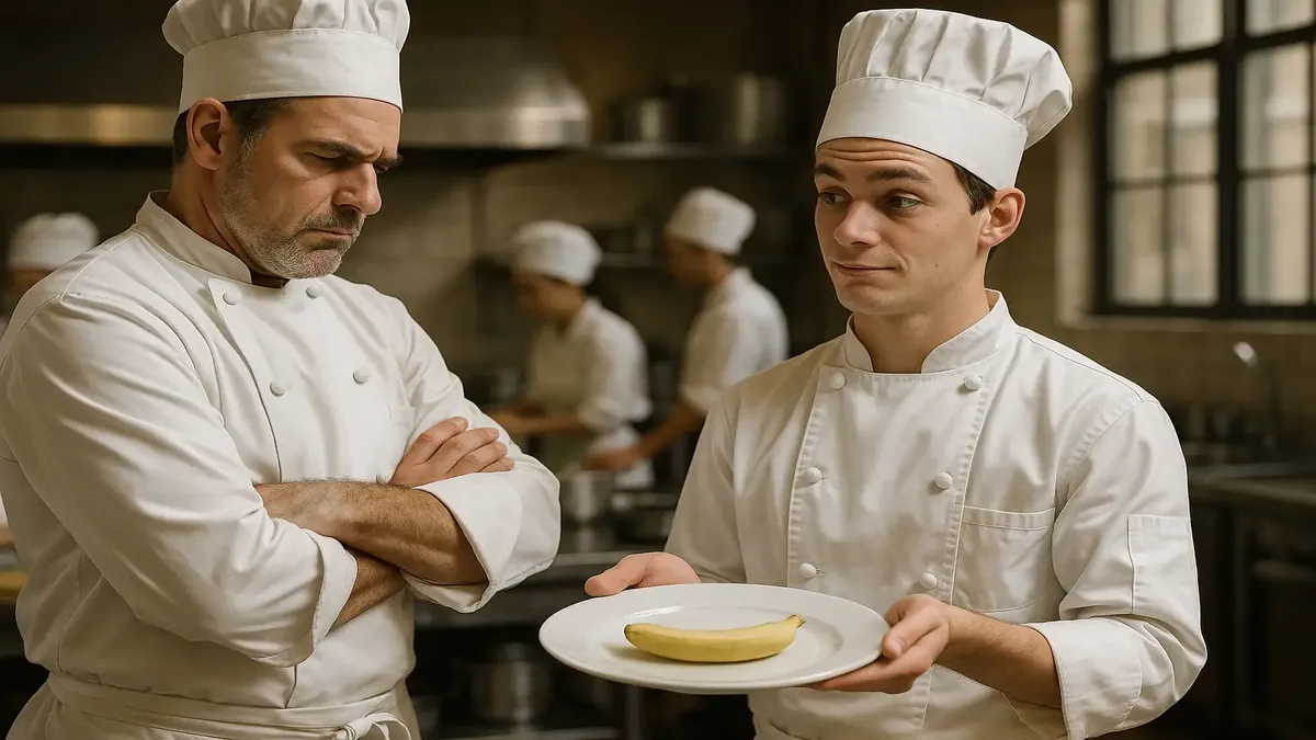 रसोई में एक पाक कला विद्यालय के छात्र ने नियमों का पालन करते हुए अपने काम पर गहरा ध्यान केंद्रित किया है।