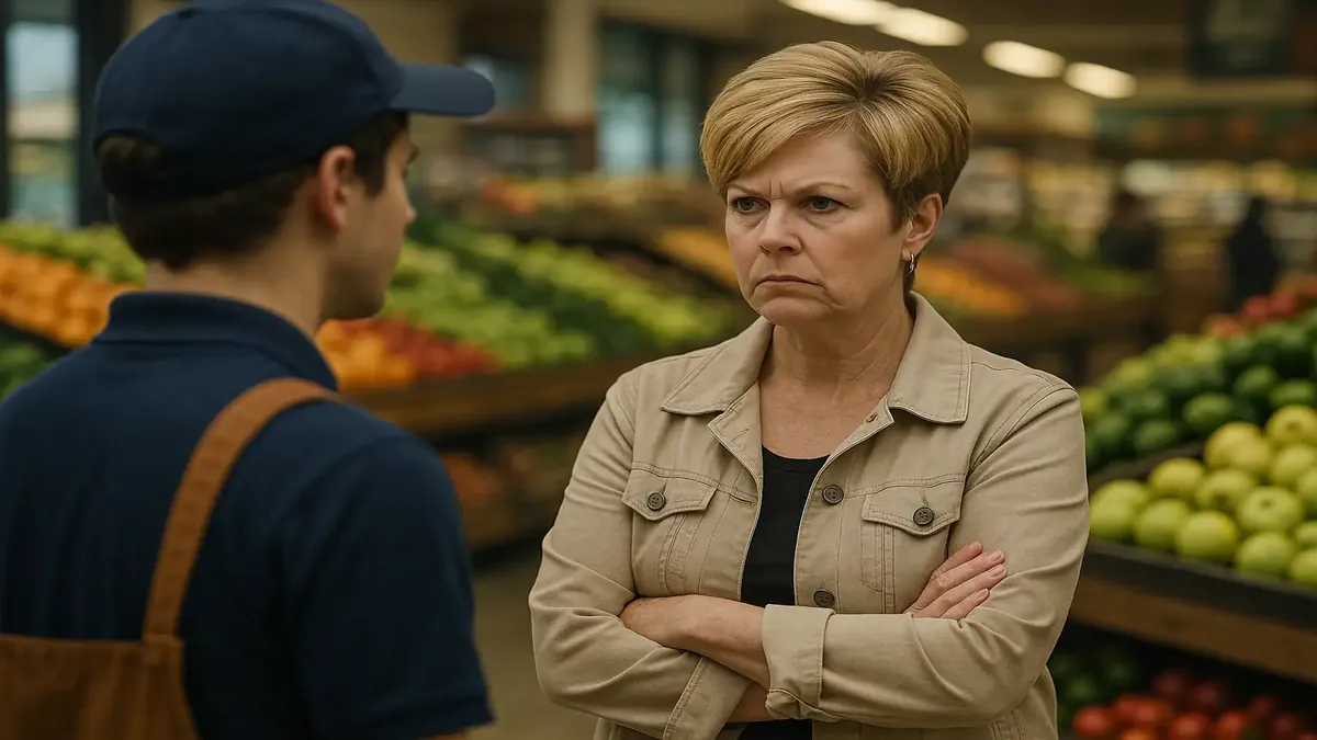 ऑनलाइन ऑर्डर संभालते हुए एक किराना स्टोर कर्मचारी, ग्राहक इंटरैक्शन की चुनौतियों को दर्शाते हुए।