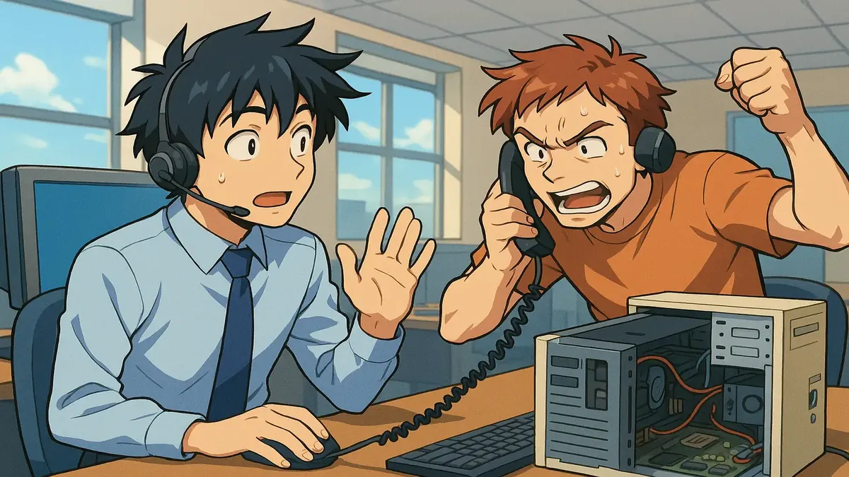 एक एनीमे चित्रण जिसमें एक हेल्पडेस्क कर्मचारी फोन पर परेशान कॉलर को शांति से मदद कर रहा है।