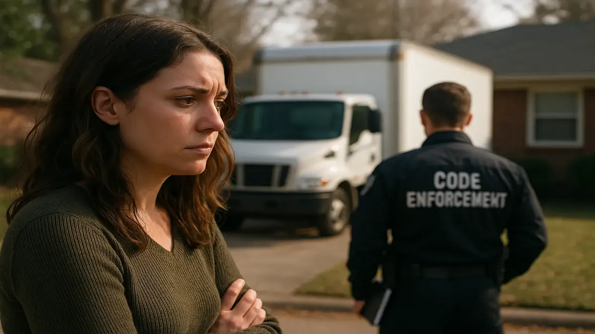 फोन पर बात करती महिला, अपने पूर्व के वाणिज्यिक वाहन की गैरकानूनी पार्किंग की रिपोर्ट कर रही है, गुस्सा प्रकट करती हुई।