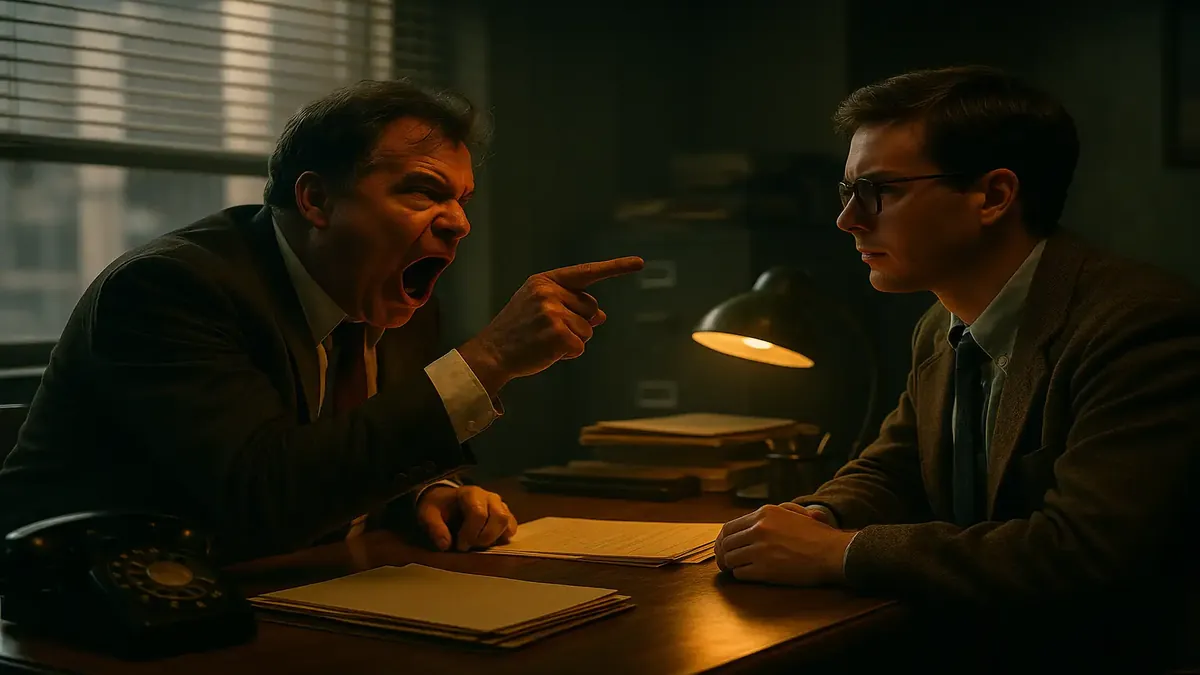 कठिन बॉस के खिलाफ प्रतिशोध की योजना बनाते सहकर्मी, सिनेमा जैसी ऑफिस सेटिंग में।