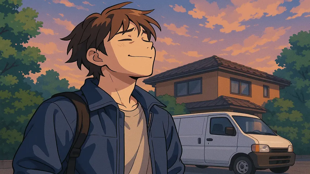 सुबह सुबह समाचार पत्रों का वितरण करते छात्र की एनिमे चित्रण।