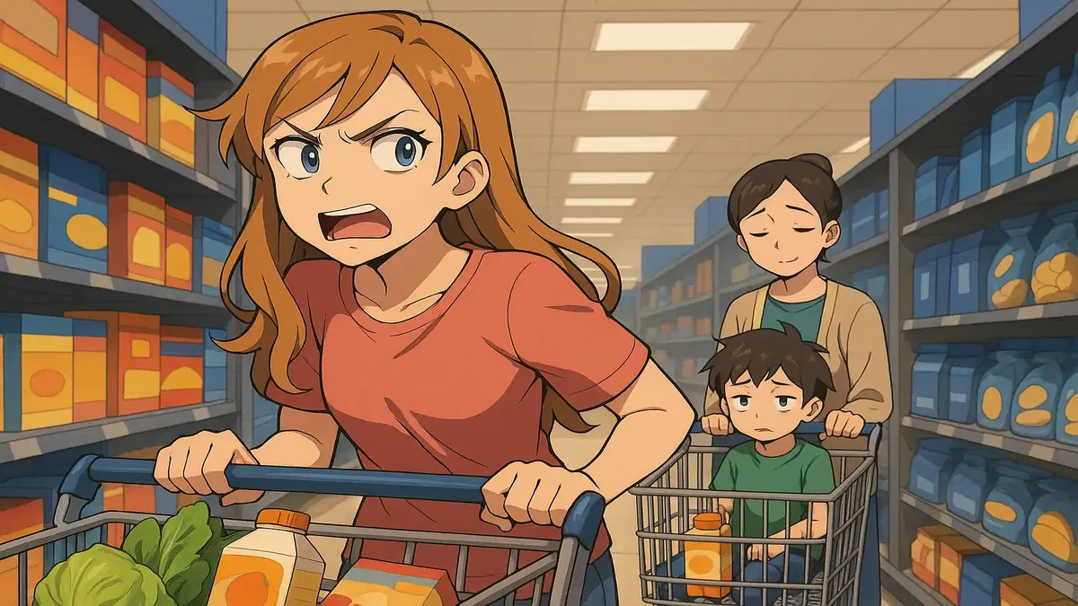विशेष आवश्यकताओं वाले परिवारों के लिए संवेदनशील घंटों के दौरान शांति भरे वॉलमार्ट दृश्य की एनीमे-शैली की चित्रण।