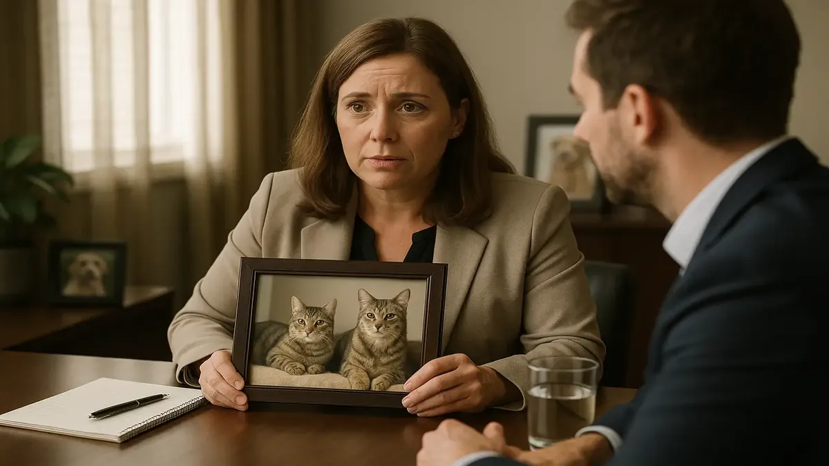 दो खेलकूद वाली बिल्लियाँ डेस्क पर ऑफिस के सामान के साथ आराम कर रही हैं, जो एक आरामदायक कार्यक्षेत्र की भावना को दर्शाती हैं।