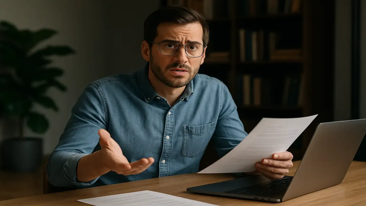 ग्राहक द्वारा अनुरोधित नई सेवा सुविधाओं के बारे में दस्तावेज़ की समीक्षा करते हुए उलझन में टीम सदस्य।