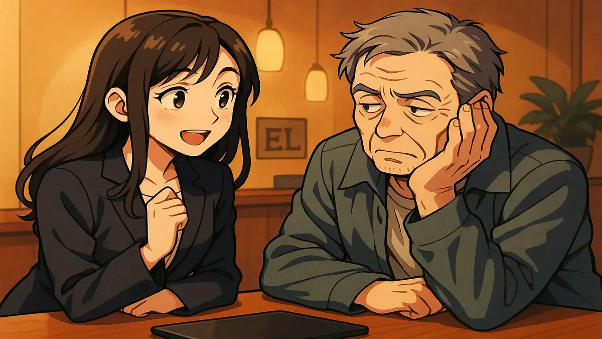 एक दोस्ताना होटल रिसेप्शनिस्ट, एक बुजुर्ग मेहमान की डेटिंग परेशानियों को सुनते हुए, एनीमे शैली में चित्रित।