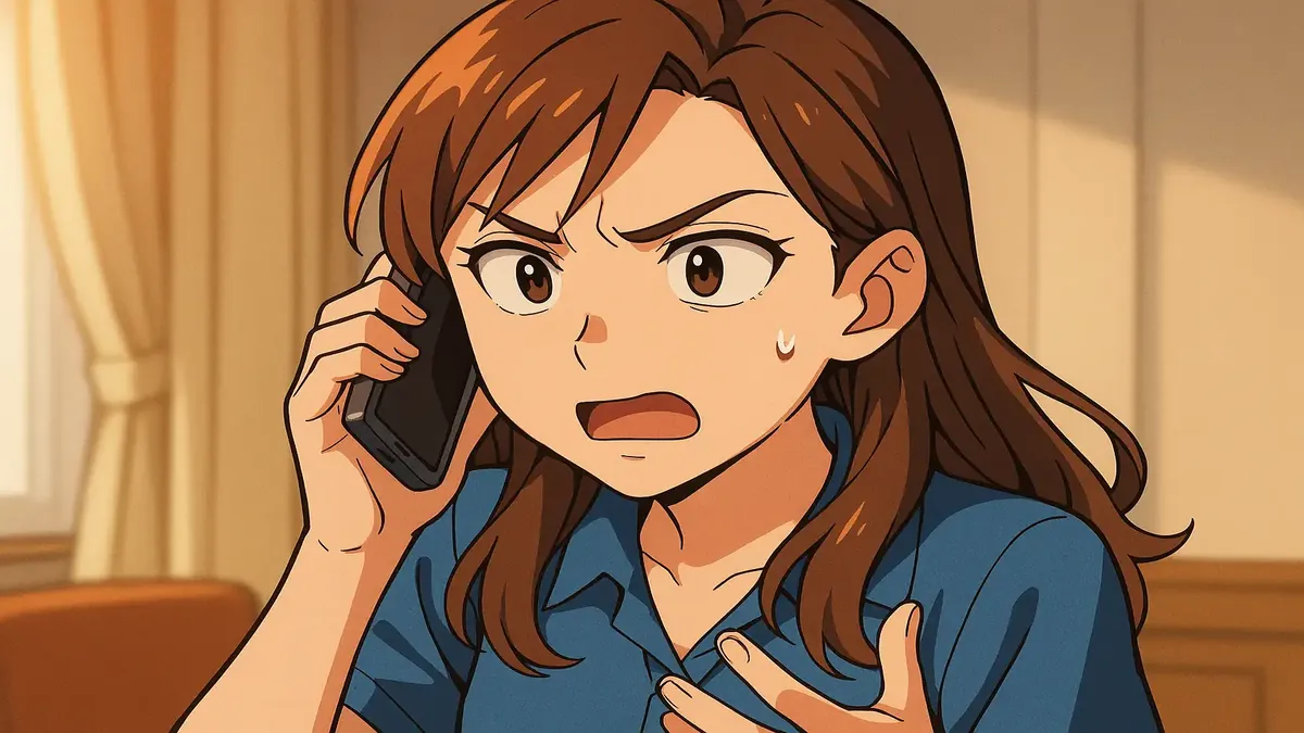 होटल के नियमों के बारे में फोन कॉल पर उलझी हुई महिला की एनीमे-शैली की चित्रण।