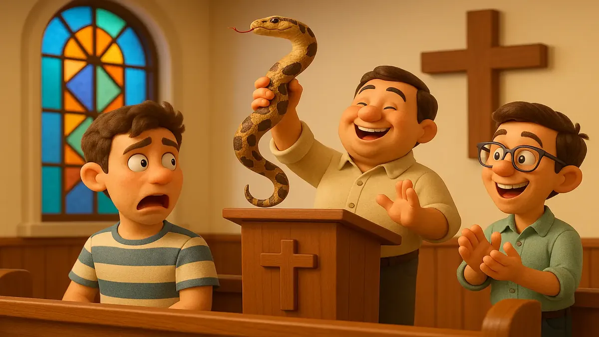 केविन का कार्टून-3D चित्र, सांप संभालने वाले चर्च में कॉलेज के दिनों का मजेदार दृश्य।