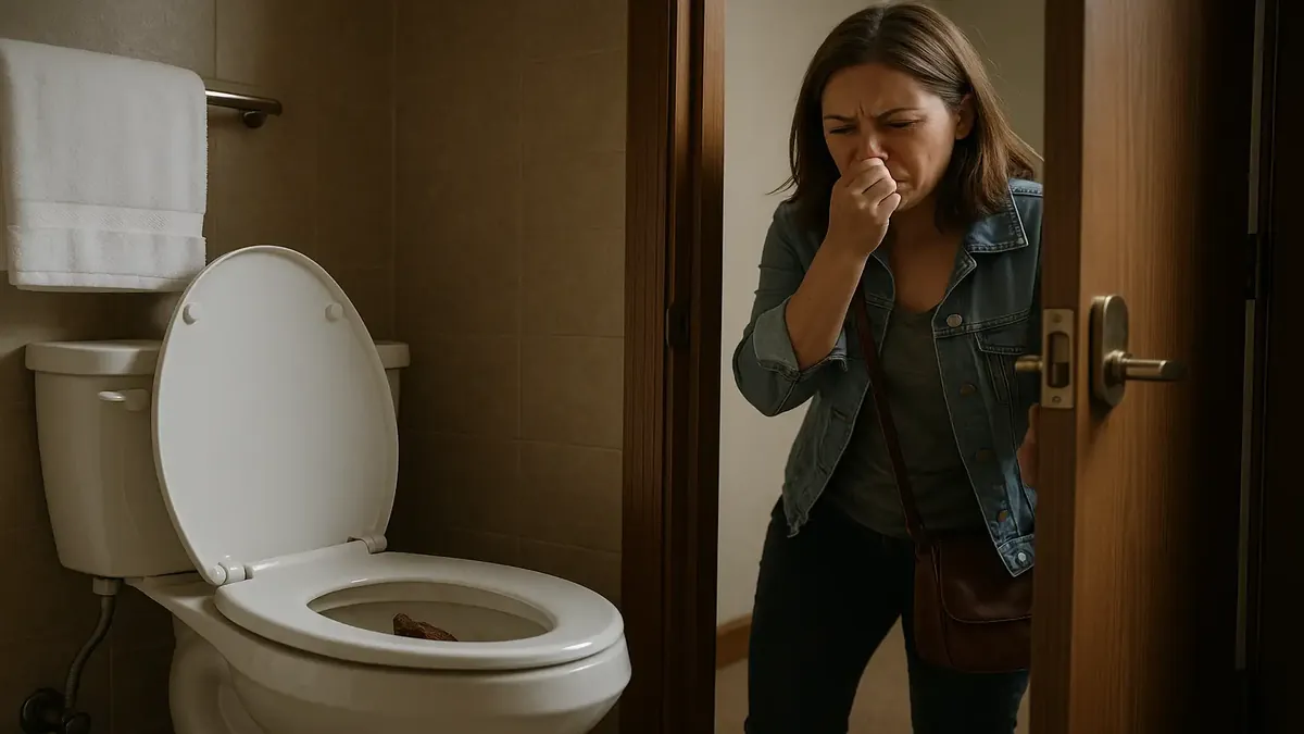 तौलिए और शौचालय के साथ मेहमान कक्ष, मेहमान के अनुभव की दुर्भाग्यपूर्ण स्थिति को उजागर करता है।