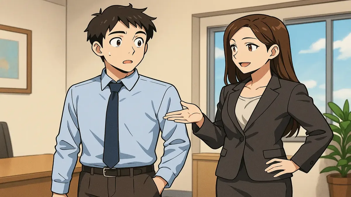 व्यवसायिक कपड़ों में एक व्यक्ति की एनीमे-शैली की चित्रण, स्क्रब से ऑफिस वियर में परिवर्तन करते हुए।